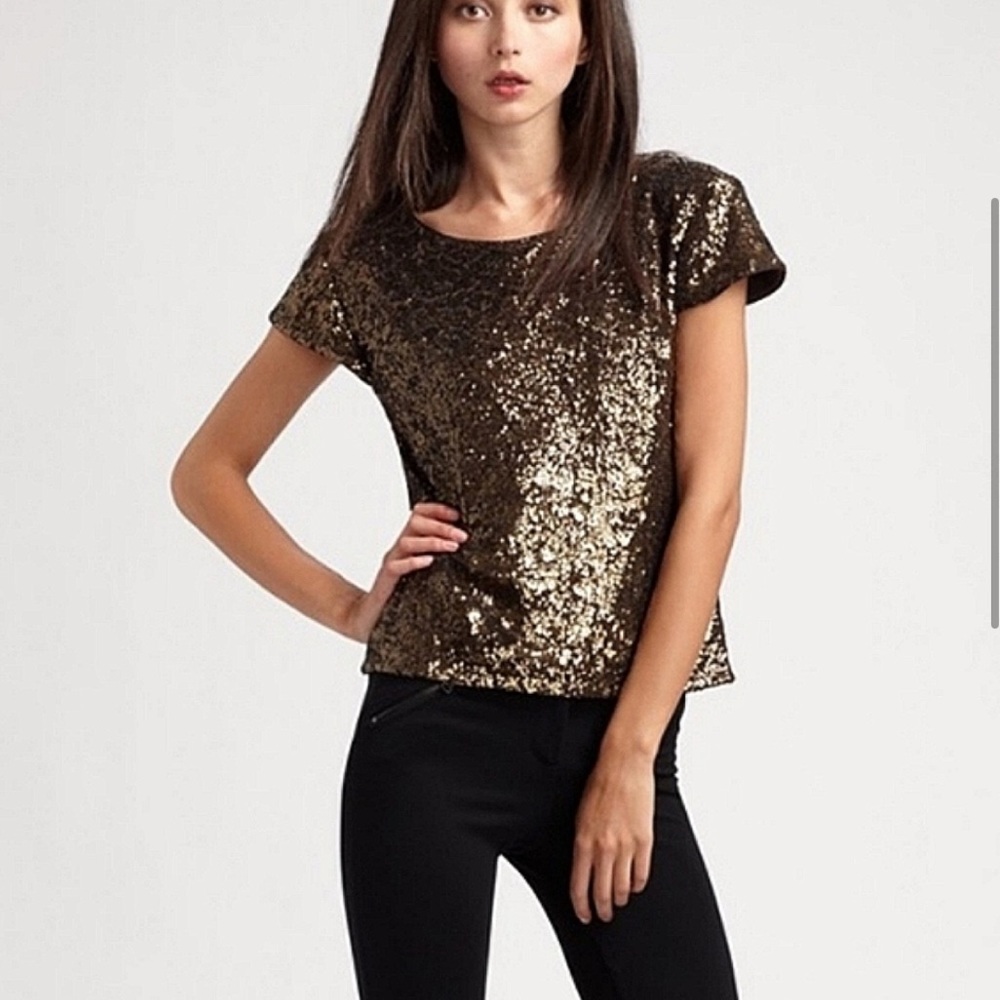 Alice & Olivia Brown Yuki Sparkle Sequin Short Sleeves 100% Rayon Party Shirt S?